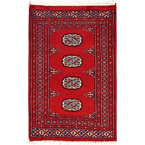Crimson Red, Natural Wool, Hand Knotted, Princess Bokara with Tribal Medallions, Mat, Sample, Oriental 