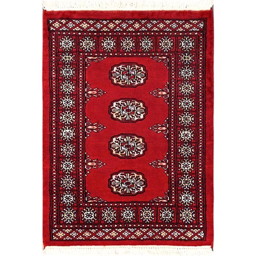 Carmine Red, Princess Bokara with Tribal Medallions, Soft and Shiny Wool, Hand Knotted, Mat, Sample, Oriental 