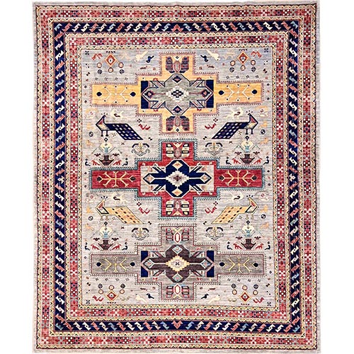 Misty Gray, Dense Weave and Natural Dyes, All Wool, 200 KPSI, Armenian Inspired Caucasian Design and Small Bird Figurines, Hand Knotted, Oriental 