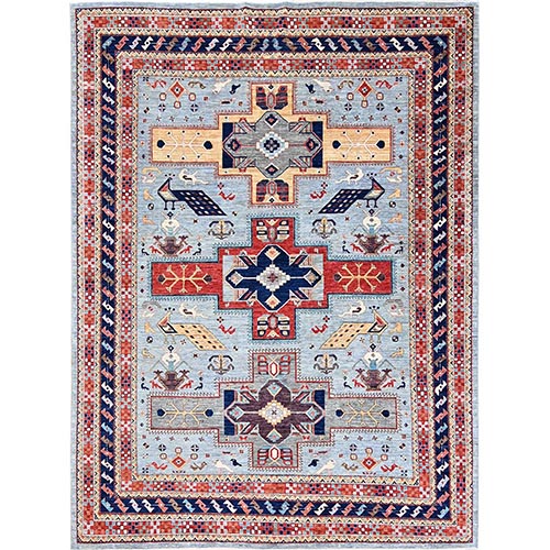 Misty Gray, All Wool, 200 KPSI, Dense Weave and Natural Dyes, Armenian Inspired Caucasian Design and Small Bird Figurines, Hand Knotted, Oriental 