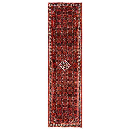 Crimson Red, New Persian Hussainabad with Geometric Medallion, Full Pile, Soft and Shiny Wool, Hand Knotted, Runner, Oriental 
