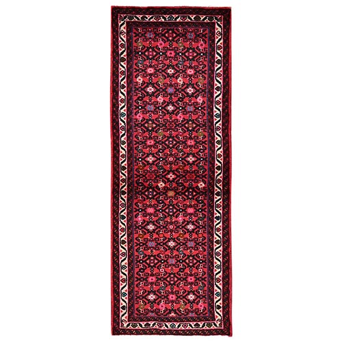 Crimson Red, New Persian Hussainabad with All Over Design, Hand Knotted, Full Pile, Soft and Shiny Wool, Runner, Oriental 