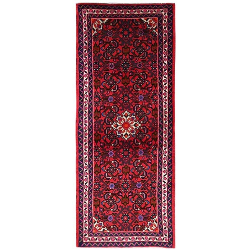 Crimson Red, Full Pile, New Persian Hamadan with Flower Medallion, Hand Knotted, Soft and Shiny Wool, Runner, Oriental 