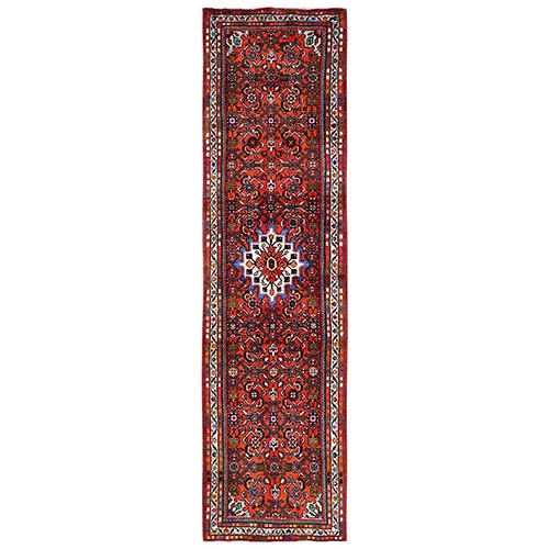 Rust Red, New Persian Hussainabad with Geometric Medallion, Hand Knotted, Full Pile, Soft and Shiny Wool, Runner, Oriental 