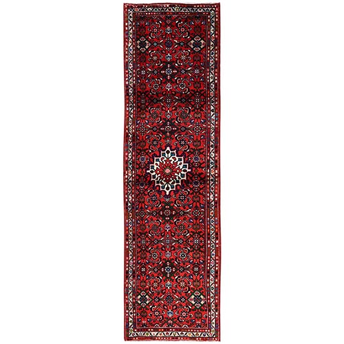 Cherry Red, New Persian Hussainabad with Geometric Medallion, Hand Knotted, Full Pile, Soft and Shiny Wool, Runner, Oriental 