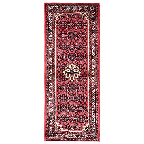 Rust Red, Full Pile, New Persian Hussainabad with Geometric Design, Hand Knotted, Soft and Shiny Wool, Narrow Runner, Oriental 
