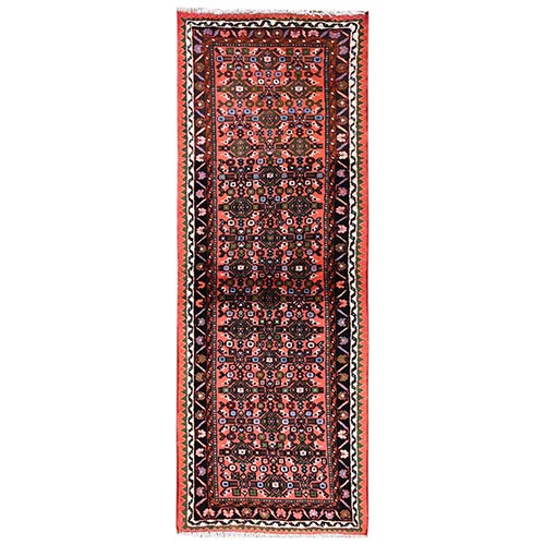 Carrot Orange, New Persian Hussainabad with Repetitive Fish Mahi Design, Hand Knotted, Full Pile, Soft and Shiny Wool, Narrow Runner, Oriental 