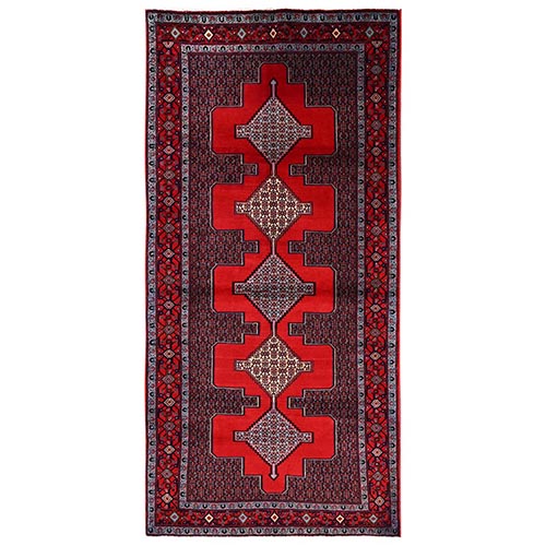 Crimson Red, Full Pile, New Persian Senneh Bijar with Geometric Design, 300 KPSI, Hand Knotted, Soft and Shiny Wool, Wide Runner, Oriental 