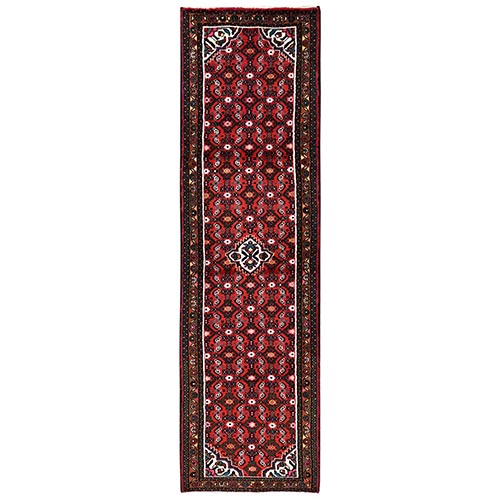Brick Red, Full Pile, New Persian Hussainabad with All Over Repetitive Design, Hand Knotted, Soft and Shiny Wool, Narrow Runner, Oriental 