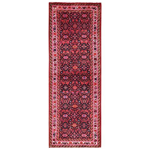 Rose Red, Soft and Shiny Wool, New Persian Hussainabad with All Over Design, Hand Knotted, Full Pile, Narrow Runner, Oriental 