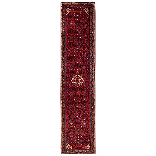 Ruby Red, Full Pile, New Persian Hussainabad with All Over Repetitive Design, Hand Knotted, Soft and Shiny Wool, Narrow Runner, Oriental 