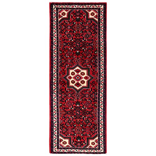 Scarlet Red, New Persian Hussainabad with Geometric Medallion, Hand Knotted, Full Pile, Soft and Shiny Wool, Narrow Runner, Oriental 