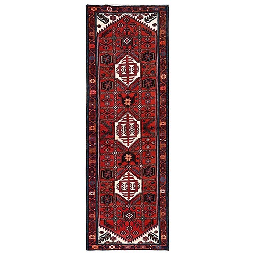 Scarlet Red, Full Pile, New Persian Hamadan with Geoemtric Medallions Design, Hand Knotted, Soft and Shiny Wool, Runner, Oriental 
