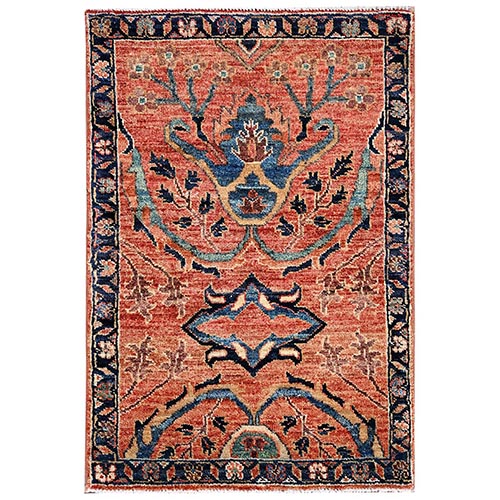 Coral Red, Aryana Collection, Heriz All Over Design, Vegetable Dyes, Soft Pile, High Mountain Wool, Hand Knotted, Densely Woven, Sample, Mat, Oriental 