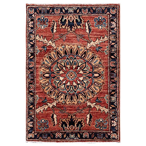 Coral Red, Northwest Persian Flower Design with Serrated Leafs, Aryana Grade, Vegetable Dyes, Soft Pile, High Mountain Wool, Hand Knotted, Densely Woven, Sample, Mat, Oriental 