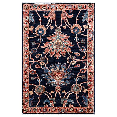 Midnight Blue, Heriz Design, Aryana Grade, Vegetable Dyes, Soft Pile, High Mountain Wool, Hand Knotted, Densely Woven, Sample, Mat, Oriental 