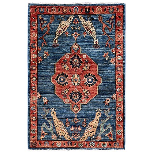 Horizon Blue, Tabriz with Peacocks, Persian Design, Aryana Grade, Vegetable Dyes, Soft Pile, Hand Knotted, High Mountain Wool, Densely Woven, Sample, Mat, Oriental 