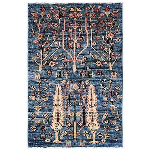 Imperial Blue, Aryana Grade, Cypress Tree Design with Small Animal Figurines, High Mountain Wool, Hand Knotted, Vegetable Dyes, Soft Pile, Densely Woven, Mat, Sample, Oriental 