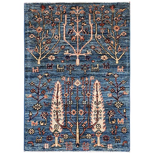 Imperial Blue, Aryana Grade, Cypress Tree Design with Small Animal Figurines, Hand Knotted, High Mountain Wool, Vegetable Dyes, Soft Pile, Densely Woven, Mat, Sample, Oriental 