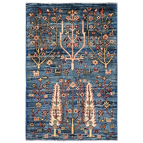Imperial Blue, Aryana Collection, Cypress Tree Design with Small Animal Figurines, High Mountain Wool, Hand Knotted, Vegetable Dyes, Soft Pile, Densely Woven, Mat, Sample, Oriental 