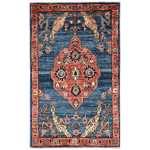 Horizon Blue, Tabriz with Peacocks, Persian Design, Aryana Grade, Vegetable Dyes, Soft Pile, Hand Knotted, High Mountain Wool, Densely Woven, Sample, Mat, Oriental 