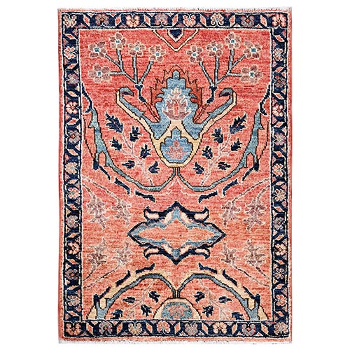 Coral Red, Aryana Collection, Heriz All Over Design, Vegetable Dyes, Soft Pile, High Mountain Wool, Hand Knotted, Densely Woven, Sample, Mat, Oriental 