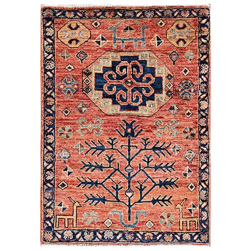 Coral Red, Aryana Collection, Kazak with Small Animal Figurines, Vegetable Dyes, Soft Pile, High Mountain Wool, Hand Knotted, Densely Woven, Sample, Mat, Oriental 