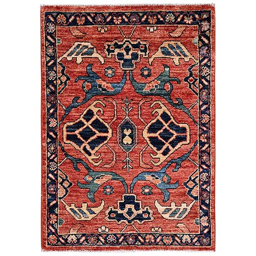 Coral Red, Bijar Garus Design, Aryana Grade, Vegetable Dyes, High Mountain Wool, Hand Knotted, Soft Pile, Densely Woven, Mat, Sample, Oriental 