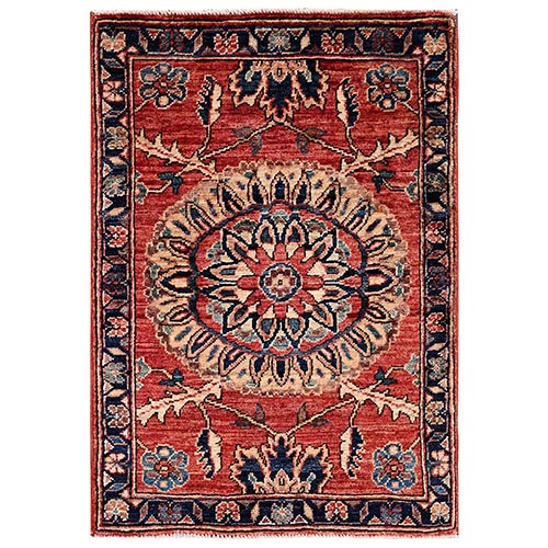 Coral Red, Northwest Persian Flower Design with Serrated Leafs, Aryana Grade, Vegetable Dyes, Soft Pile, High Mountain Wool, Hand Knotted, Densely Woven, Sample, Mat, Oriental 