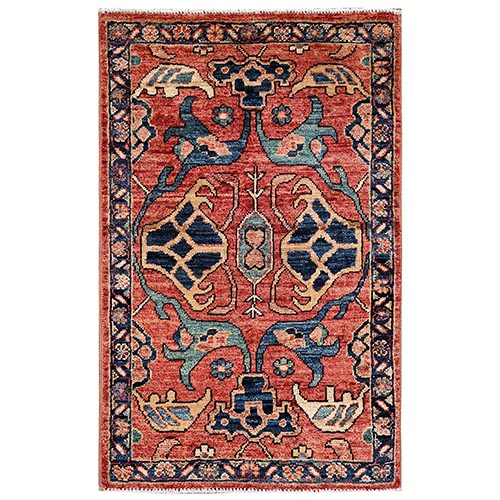 Coral Red, Aryana Collection, Bijar Garus Design, Vegetable Dyes, High Mountain Wool, Hand Knotted, Soft Pile, Densely Woven, Mat, Sample, Oriental 