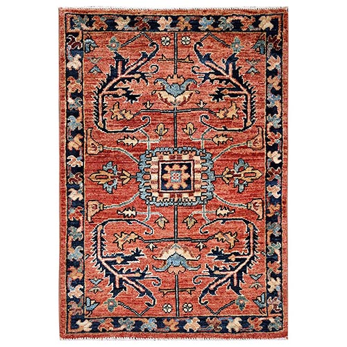 Coral Red, Aryana Collection, Antique Heriz Design, Vegetable Dyes, Hand Knotted, Soft Pile, High Mountain Wool, Densely Woven, Mat. Sample, Oriental 