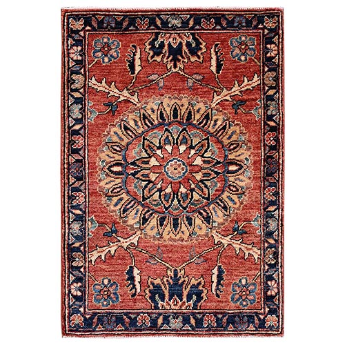 Coral Red, Northwest Persian Flower Design with Serrated Leafs, Aryana Grade, Vegetable Dyes, Soft Pile, High Mountain Wool, Hand Knotted, Densely Woven, Sample, Mat, Oriental 