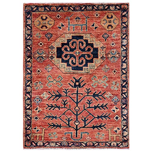 Coral Red, Aryana Collection, Kazak with Small Animal Figurines, Vegetable Dyes, Soft Pile, High Mountain Wool, Hand Knotted, Densely Woven, Sample, Mat, Oriental 