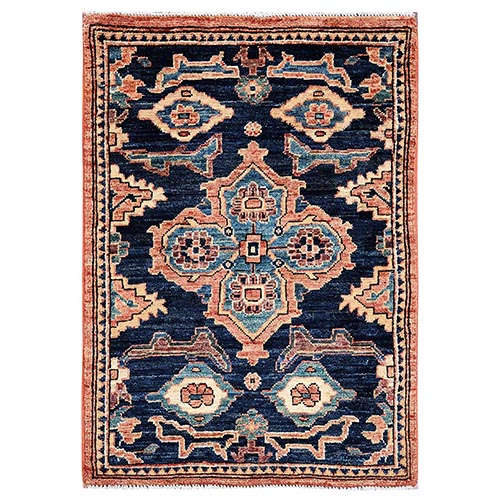 Midnight Blue, Aryana Collection, Large Medallion Design, Vegetable Dyes, Soft Pile, High Mountain Wool, Hand Knotted, Densely Woven, Sample, Mat, Oriental 