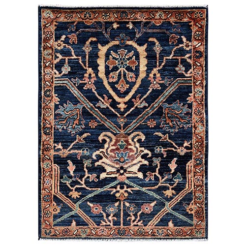 Midnight Blue, Aryana Collection, Heriz All Over Design, Vegetable Dyes, Soft Pile, High Mountain Wool, Hand Knotted, Densely Woven, Sample, Mat, Oriental 