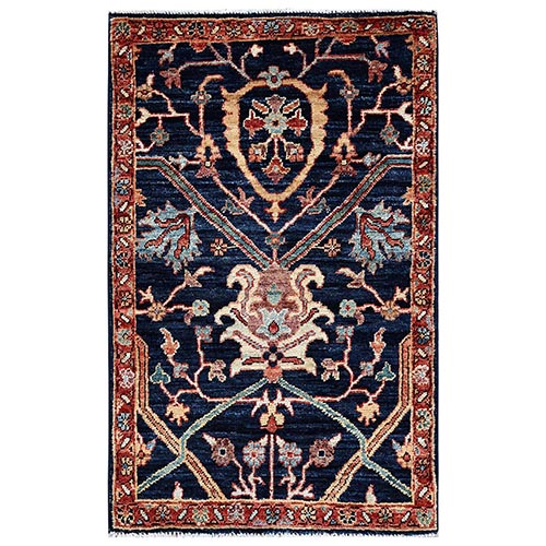 Midnight Blue, Aryana Grade, Heriz All Over Design, Vegetable Dyes, Soft Pile, High Mountain Wool, Hand Knotted, Densely Woven, Sample, Mat, Oriental 
