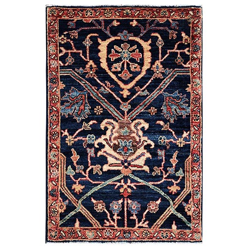 Midnight Blue, Aryana Collection, Heriz All Over Design, Vegetable Dyes, Soft Pile, High Mountain Wool, Hand Knotted, Densely Woven, Sample, Mat, Oriental 