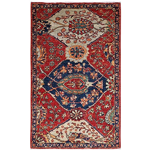 Crimson Red, Aryana Collection, Antiqued Heriz Design, Vegetable Dyes, Soft Pile, Hand Knotted, High Mountain Wool, Densely Woven, Oriental 