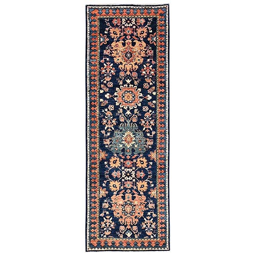 Midnight Blue, Heriz All Over Design, Aryana Grade, Vegetable Dyes, Soft Pile, Hand Knotted, High Mountain Wool, Densely Woven, Runner, Oriental 