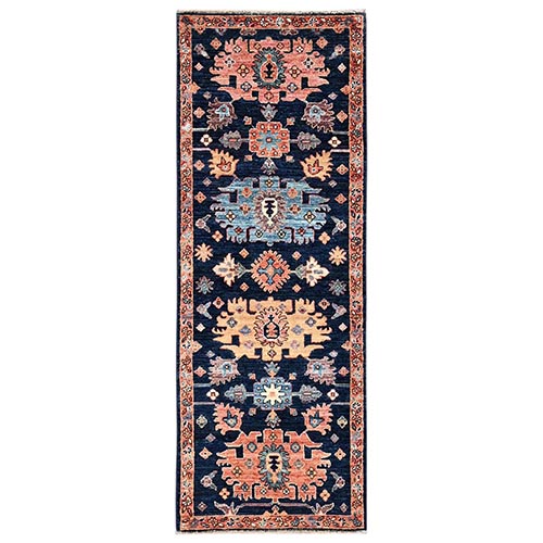 Midnight Blue, Heriz All Over Design, Aryana Grade, Vegetable Dyes, Soft Pile, Hand Knotted, High Mountain Wool, Densely Woven, Narrow Runner, Oriental 
