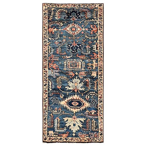 Aegean Blue, Northwest Persian with Serrated Gul Motif, Aryana Collection, Vegetable Dyes, Soft Pile, High Mountain Wool, Hand Knotted, Densely Woven, Short Runner, Oriental 