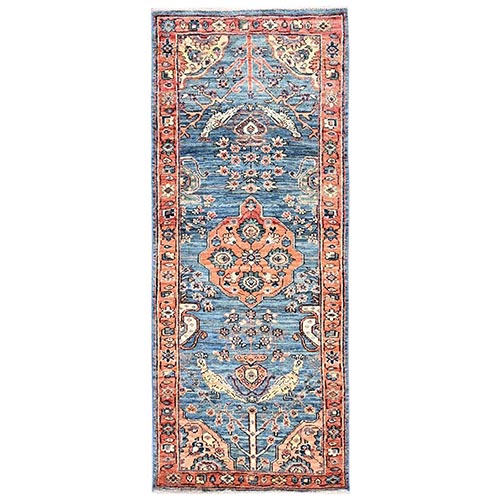Marlin Blue, Tabriz with Peacocks, Persian Design, Aryana Grade, Vegetable Dyes, Soft Pile, Hand Knotted, High Mountain Wool, Densely Woven, Short & Narrow Runner, Oriental 