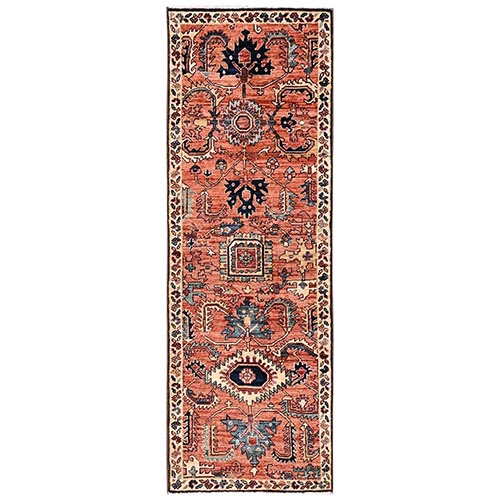 Coral Orange, Northwest Persian with Serrated Gul Motif, Aryana Collection, Vegetable Dyes, Soft Pile, High Mountain Wool, Hand Knotted, Densely Woven, Narrow Runner, Oriental 