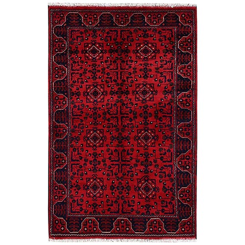 Scarlet Red, Afghan Andkhoy with Tribal Design, Hand Knotted, Soft and Velvety Wool, Oriental 