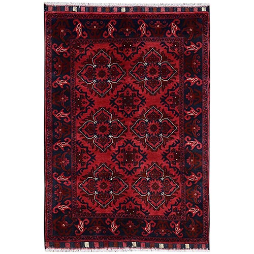 Scarlet Red, Afghan Andkhoy with Rosette Design, Soft and Velvety Wool, Hand Knotted, Oriental 