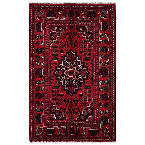Crimson Red, Afghan Andkhoy with Geometric Medallion, Hand Knotted, Soft and Velvety Wool, Oriental 