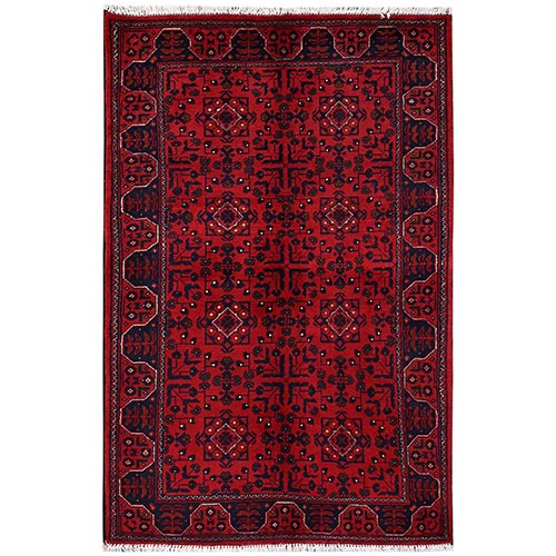 Crimson Red, Afghan Andkhoy with Tribal Design, Hand Knotted, Soft and Velvety Wool, Oriental 