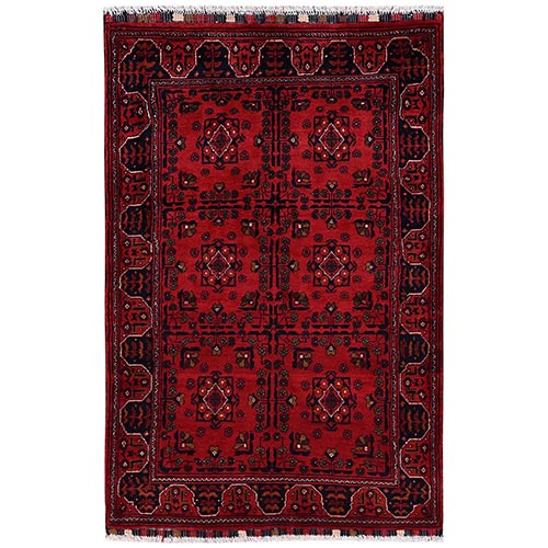 Crimson Red, Afghan Andkhoy with Tribal Motif, Soft and Velvety Wool, Hand Knotted, Oriental 