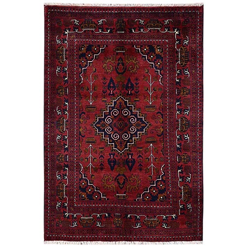 Auburn Red, Hand Knotted, Afghan Andkhoy with Geometric Medallion, Soft and Velvety Wool, Oriental 