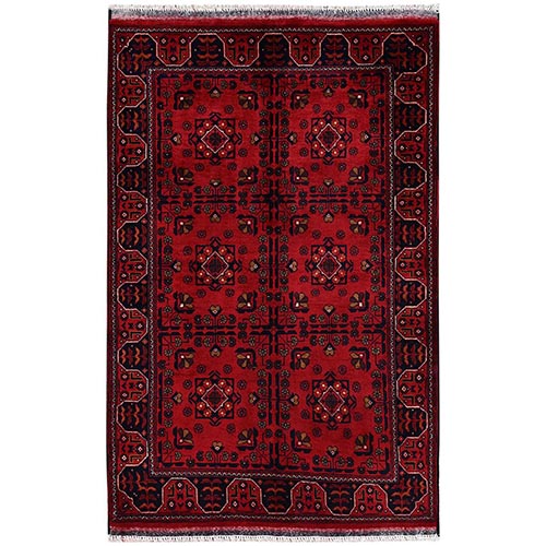 Crimson Red, Afghan Andkhoy with Geometric Motif, Hand Knotted, Soft and Velvety Wool, Oriental 